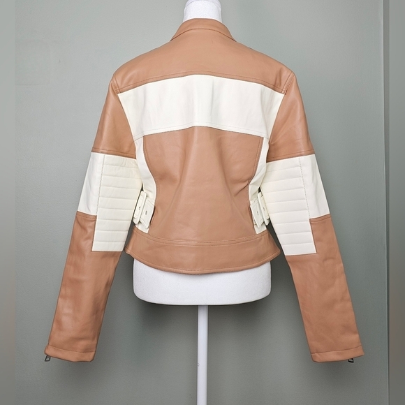 Vegan Leather Striped Color-block Moto Jacket Brown White MEDIUM - Picture 9 of 14